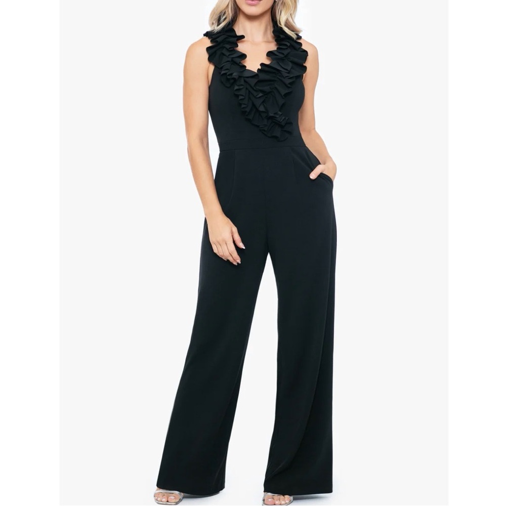 XSCAPE Evenings "SKYLA" RUFFLE FRONT JUMPSUIT Size 16 Black BEW 5985X